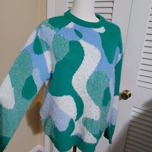 ASOS Design Oversized US 4 Camo Blue/Green/White.Crew Neck Sweater Ribbed Cuff - Picture 4 of 13